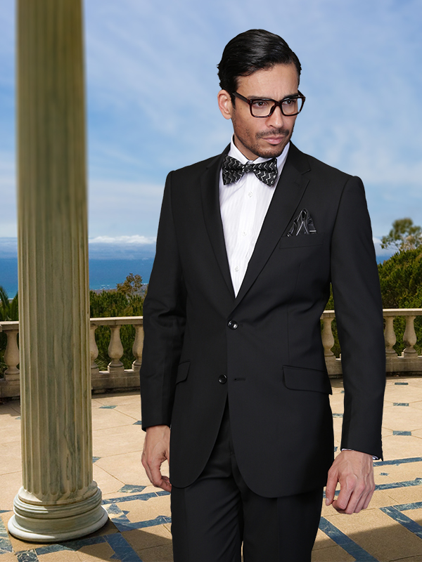 TS 02 MENS SOLID COLOR BLACK 2 BUTTON WOOL 2PC SUIT SUPER 150 S EXTRA FINE ITALIAN MADE. BLOW OUT SALE ITALSUIT